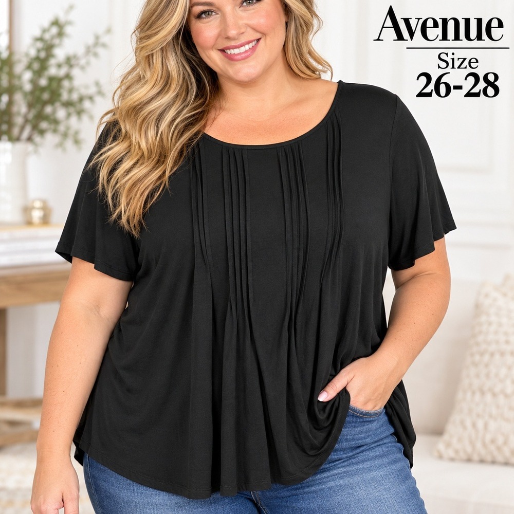Avenue Black Pintuck Pleat Short Sleeve Top Plus Size 26/28 Scoop Neck Blouse